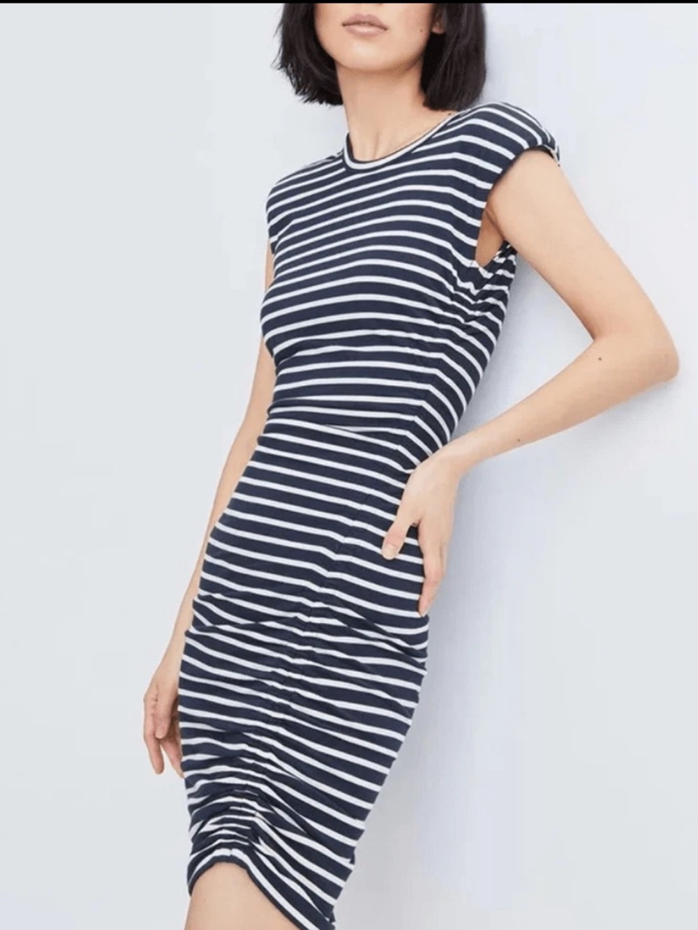 Veronica Beard Brompton Striped Ruched Bodycon Dress Navy White Crew Neck